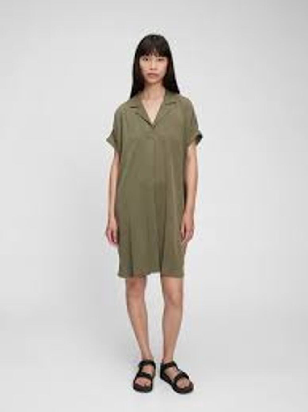 Gap Shirt Dress Popover Collared Short Sleeve Casual Knee Length Olive Womens S